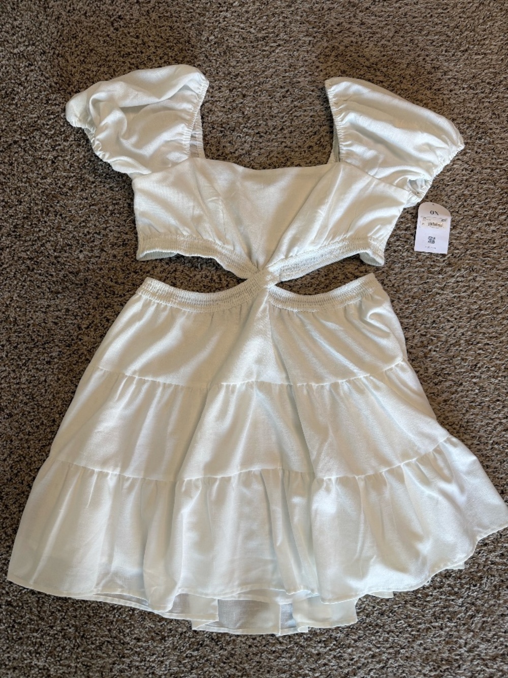 Arula White Cutout Dress 0X Puff Sleeve Smocked Two Piece Look NWT